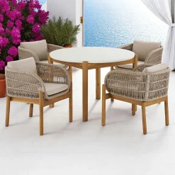 Salons De Jardin·Ensemble Repas|MENDOZA Salon de jardin en bois d'acacia et corde tressée (1 table de jardin ø120 cm et 4 sièges)