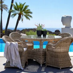 Salons De Jardin·Ensemble Repas|MENDOZA Salon de jardin en rotin gris (1 table ronde ø120 cm, 4 fauteuils de jardin)