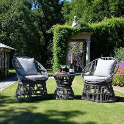 Salons De Jardin·Salons Détente|MENDOZA Salon de jardin en rotin synthétique gris (2 fauteuils et 1 petite table ronde)