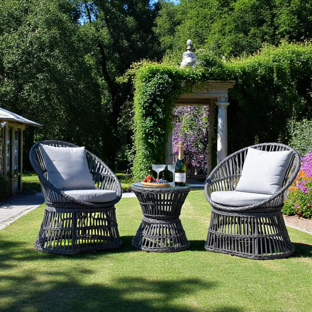 Salons De Jardin·Salons Détente|MENDOZA Salon de jardin en rotin synthétique gris (2 fauteuils et 1 petite table ronde)
