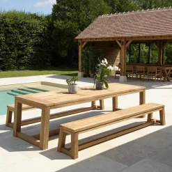 Salons De Jardin·Ensemble Repas|MANY Salon de jardin pieds inclinés teck recyclé naturel table 300 cm + 2 bancs