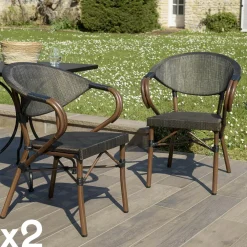 Salons De Jardin·Ensemble Repas|GIJON Salon de jardin table carrée noire 70x70 cm + 2 fauteuils bistrot tissu taupe