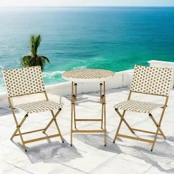 Salons De Jardin·Ensemble Repas| Salon de jardin table ronde + 2 chaises résine blanche tressée motifs beiges BISTROT