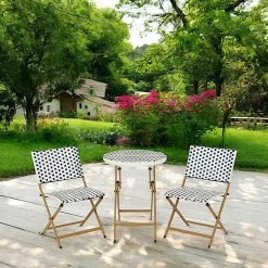 Salons De Jardin·Ensemble Repas| Salon de jardin table ronde + 2 chaises résine blanche tressée motifs bleus BISTROT
