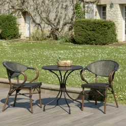 Salons De Jardin·Ensemble Repas|GIJON Salon de jardin table ronde noire D70 cm + 2 fauteuils bistrot tissu marron