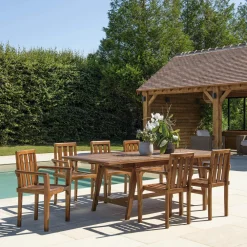 Salons De Jardin·Ensemble Repas|MACAO Salon de jardin teck huilé table pieds tréteaux 180/240 + 6 fauteuils