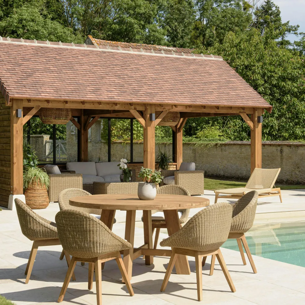 Salons De Jardin·Ensemble Repas|MANY Salon de jardin teck naturel 1 table ronde 150 cm + 6 chaises arrondies résine tressée