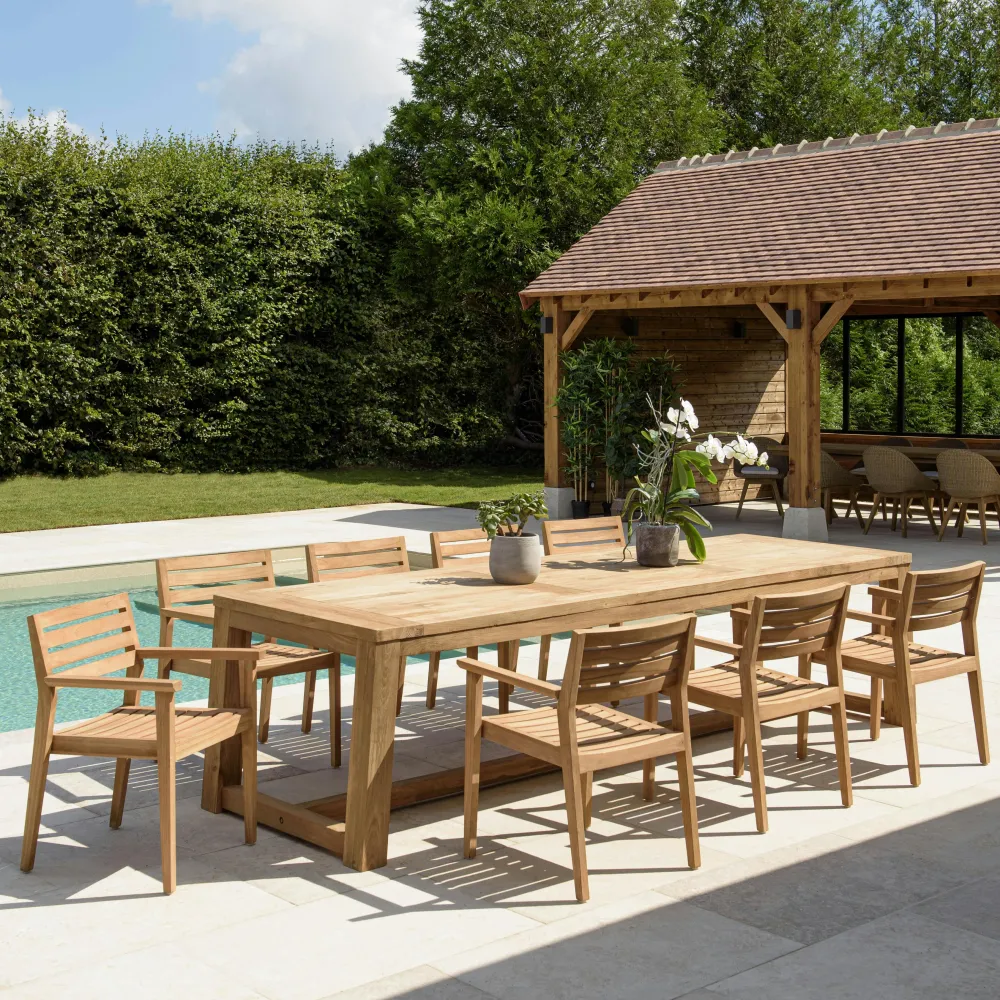 Salons De Jardin·Ensemble Repas|MANY Salon de jardin teck naturel 1 table ronde 150 cm + 6 chaises arrondies résine tressée