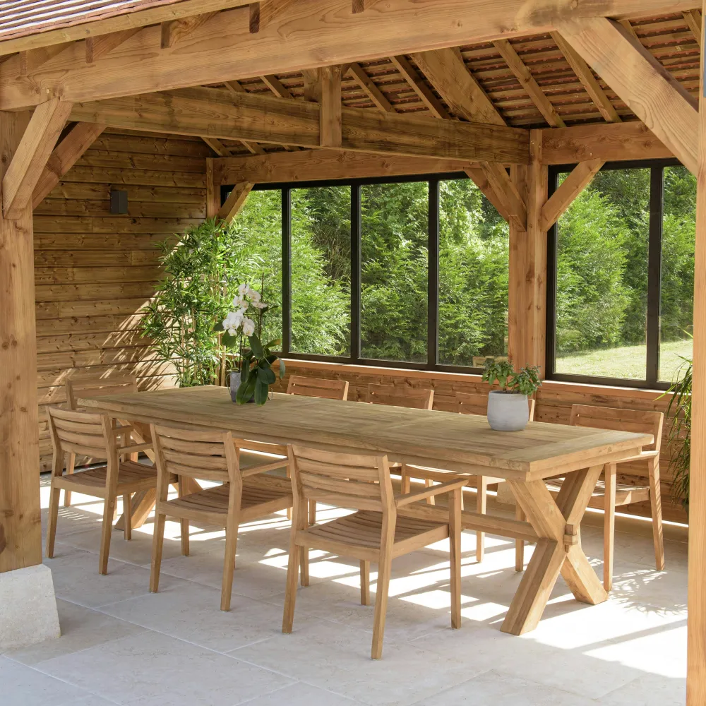 Salons De Jardin·Ensemble Repas|MANY Salon de jardin teck naturel 1 table pieds en croix 320 cm + 8 fauteuils bois