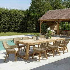 Salons De Jardin·Ensemble Repas|MANY Salon de jardin teck naturel 1 table pieds inclinés 300 cm + 8 fauteuils résine tressée