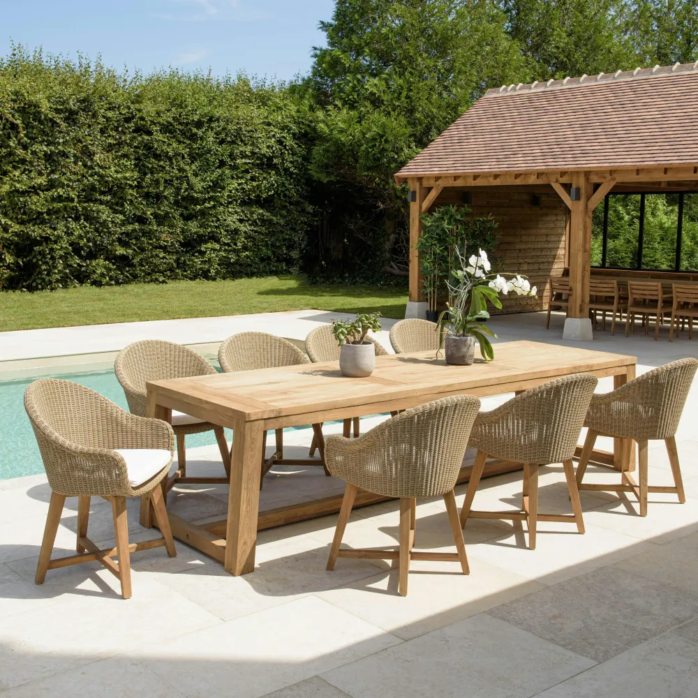 Salons De Jardin·Ensemble Repas|MANY Salon de jardin teck naturel 1 table pieds inclinés 300 cm + 8 fauteuils arrondis résine tressée