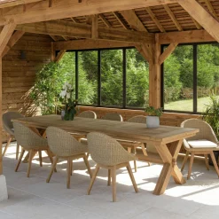 Salons De Jardin·Ensemble Repas|MANY Salon de jardin teck naturel 1 table pieds en croix 320 cm + 8 chaises arrondies résine tressée