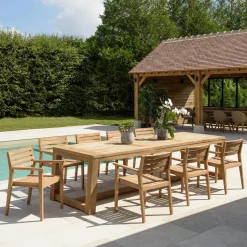 Salons De Jardin·Ensemble Repas|MANY Salon de jardin teck naturel 1 table pieds en croix 320 cm + 8 chaises arrondies résine tressée