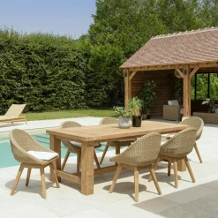 Salons De Jardin·Ensemble Repas|MANY Salon de jardin teck naturel 1 table pieds inclinés 300 cm + 8 fauteuils bois