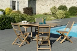 Salons De Jardin·Ensemble Repas|SUMMER Salon de Jardin Teck Table extensible 120/180 + 4 chaises pliantes ref. 30020844