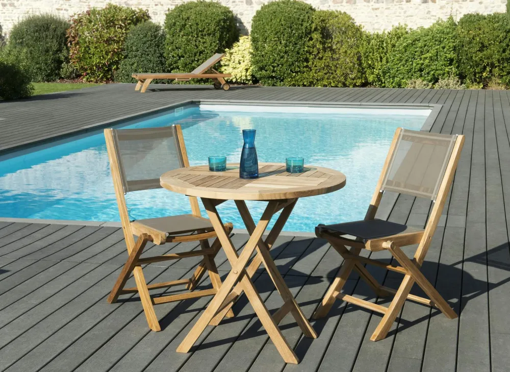 Salons De Jardin·Ensemble Repas|SUMMER Salon de Jardin Teck Table D80 + 2 chaises pliantes ref. 30020848