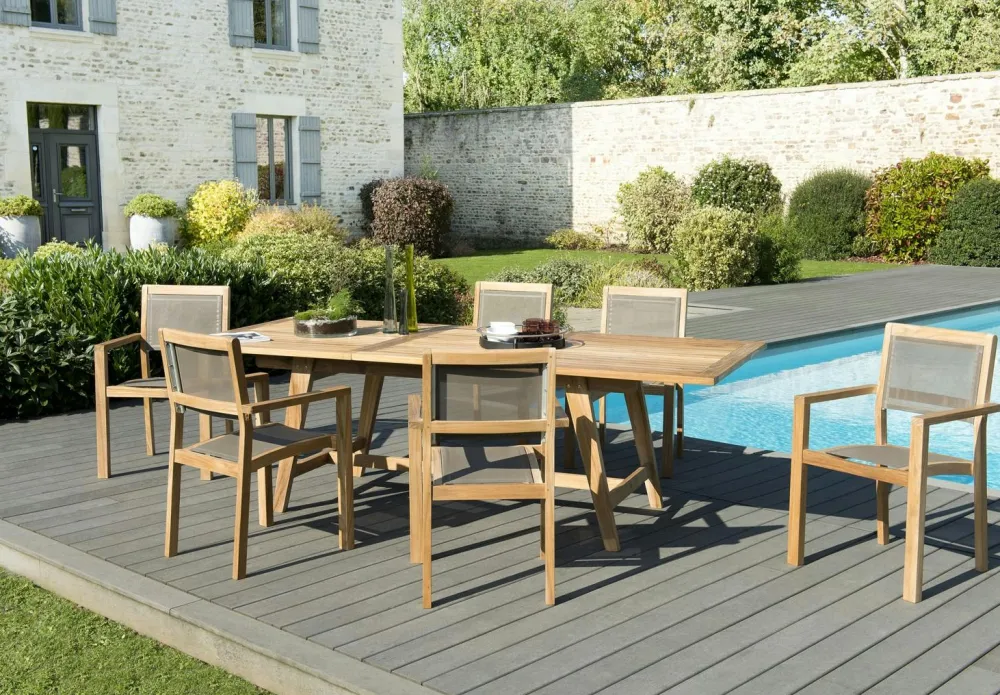 Salons De Jardin·Ensemble Repas|SUMMER Salon de Jardin Teck Table extensible 180/240 + 6 fauteuils empilables ref. 30020850