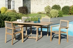 Salons De Jardin·Ensemble Repas|SUMMER Salon de Jardin Teck Table extensible 120/180 + 4 fauteuils empilables ref. 30020843
