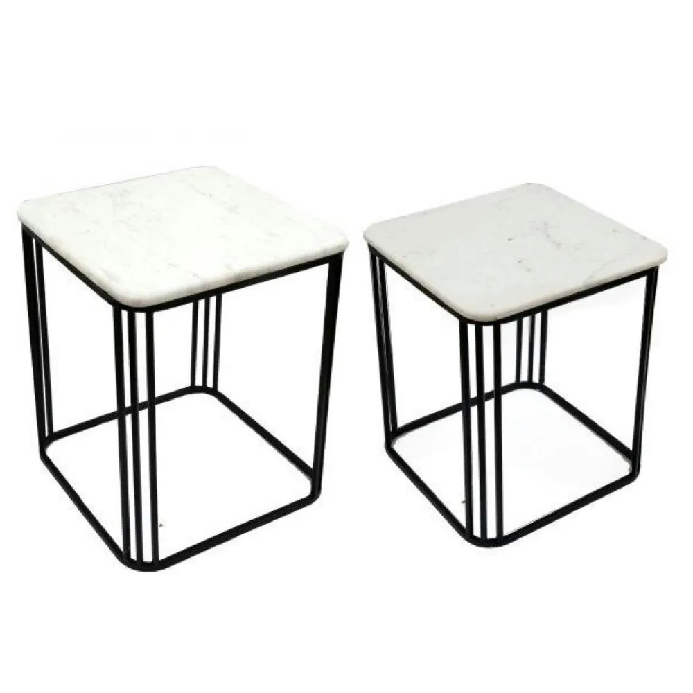 Sellettes En Métal|Tables D'Appoint En Métal| Sellette carrée plateau en marbre (lot de 2)