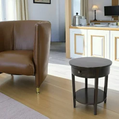 Sellettes En Métal|Tables D'Appoint Rondes|Maori Sellette ronde Hévéa 1 tiroir, double plateaux D54xH65cm / TRADITION