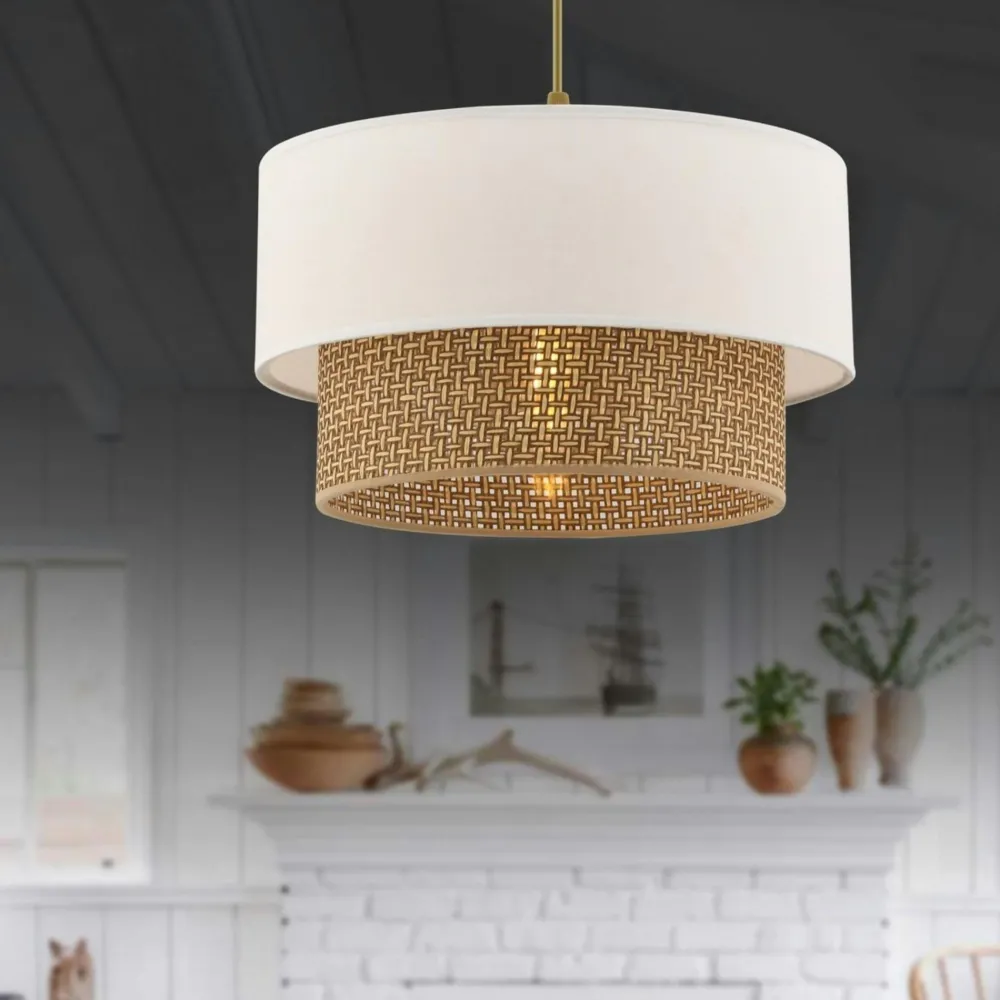 Suspensions / Lustres|ZURICH Suspension blanche - double abat-jour avec tressage