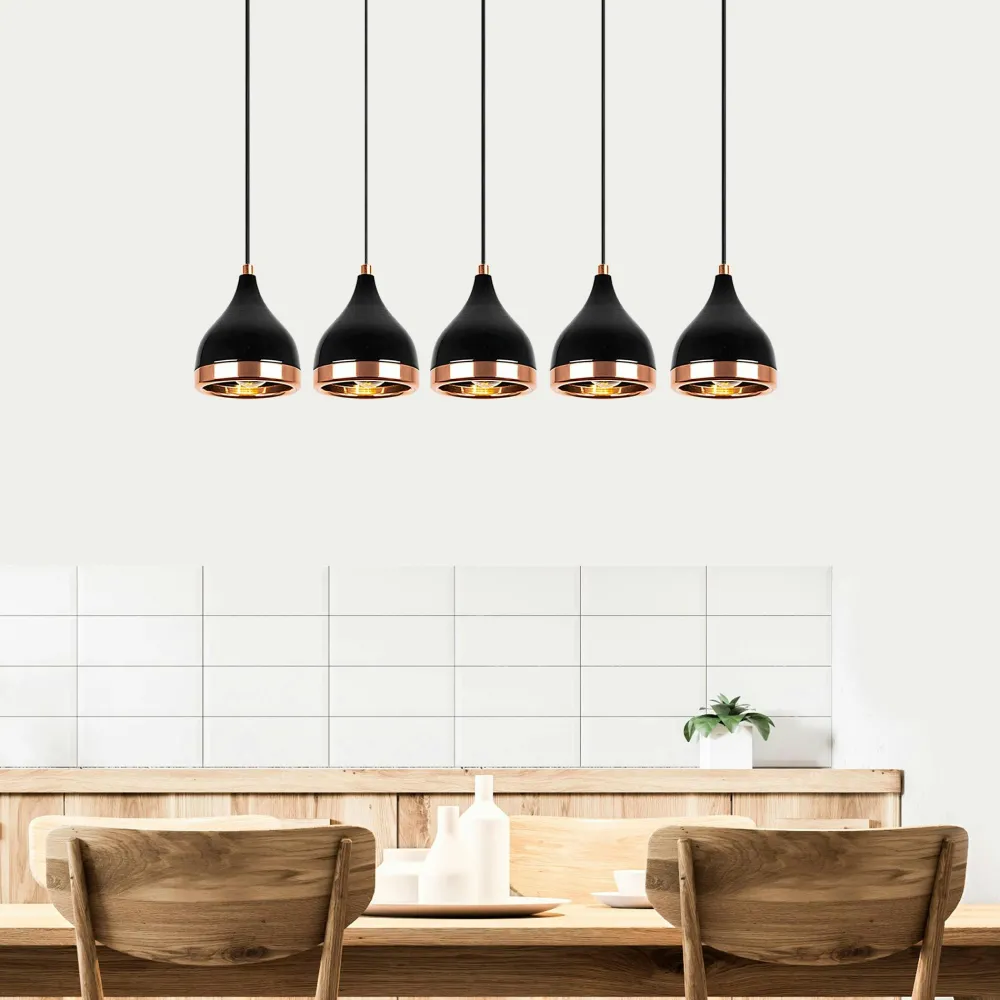 Suspensions / Lustres|SILE Suspension cuisine noire & cuivre, 5 abat-jour