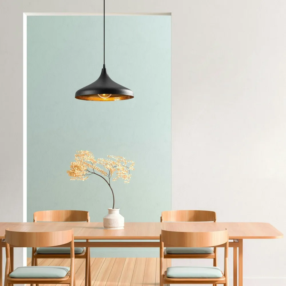 Suspensions / Lustres|SILE Suspension design noire & dorée évasée, fini alvéolé