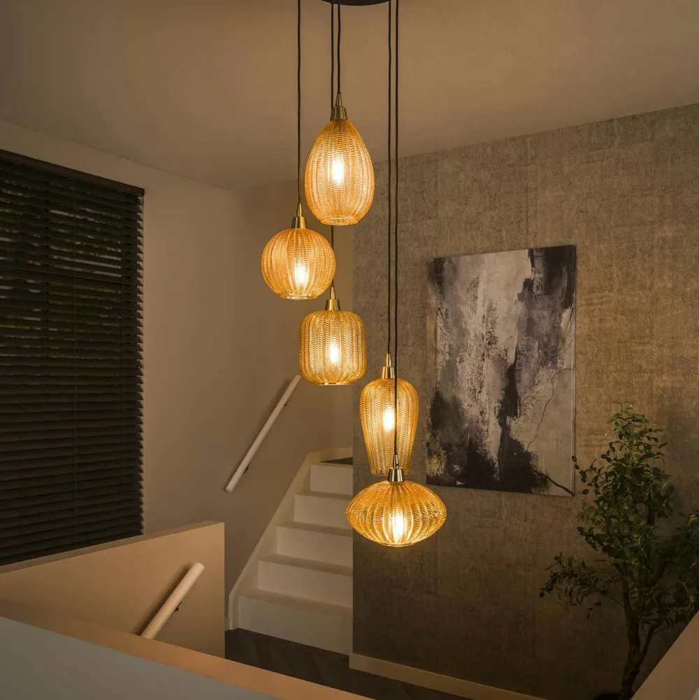 Suspensions / Lustres|NOVA Suspension en verre ambré verticale avec ens. 5 abat-jour