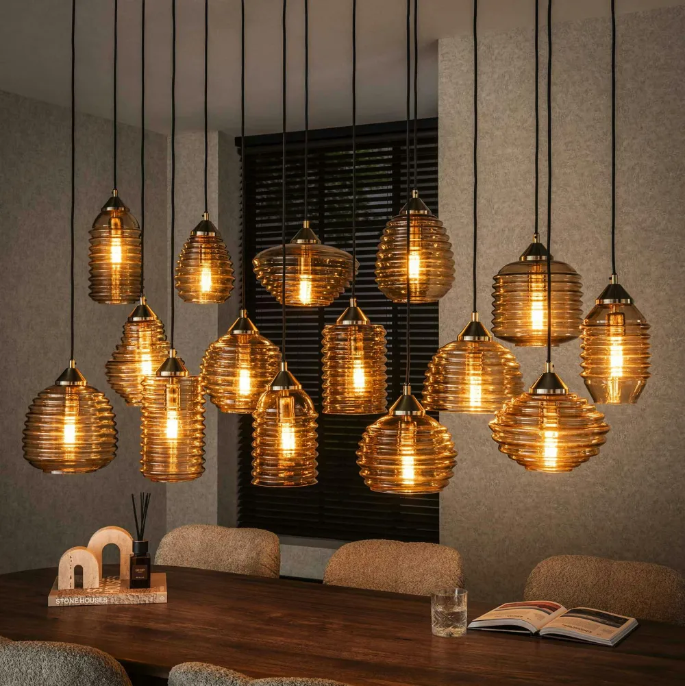 Suspensions / Lustres|NOVA Suspension en verre strié 15 lampes ambrées