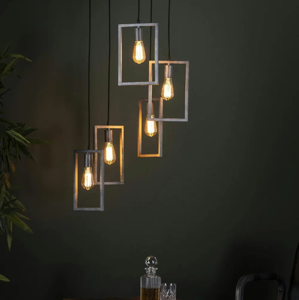 Lampes À Poser·Lampe Style Industriel|Suspensions / Lustres|RALF Suspension industrielle 5 lampes graphiques étagées argent vieilli