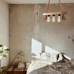 Suspensions / Lustres|CAMOGLI Suspension industrielle bois & corde - 3 ampoules