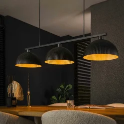 Suspensions / Lustres|Lampes À Poser·Lampe Style Industriel|RALF Suspension îlot 3 abat-jour noirs plissés