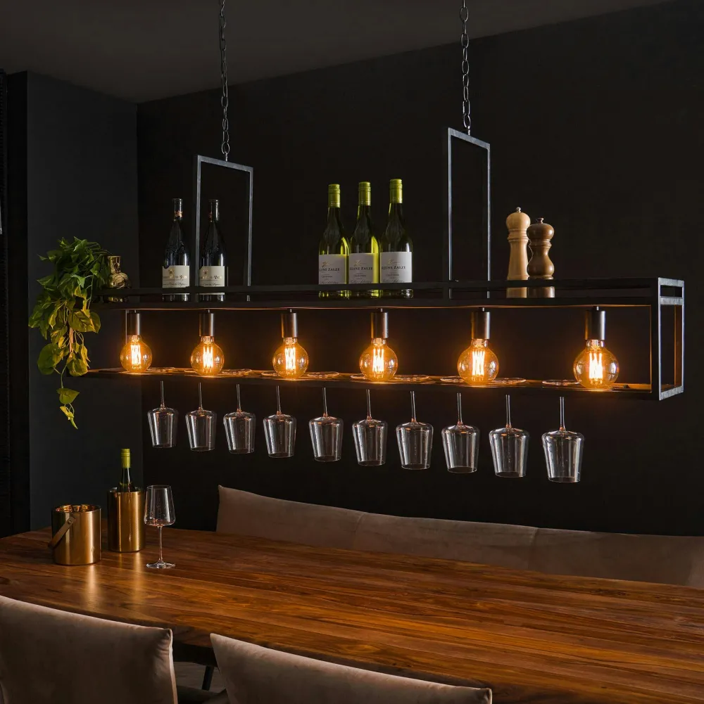 Suspensions / Lustres|Lampes À Poser·Lampe Style Industriel|RALF Suspension îlot cuisine 6 lampes avec support verres à pied, finition charbon