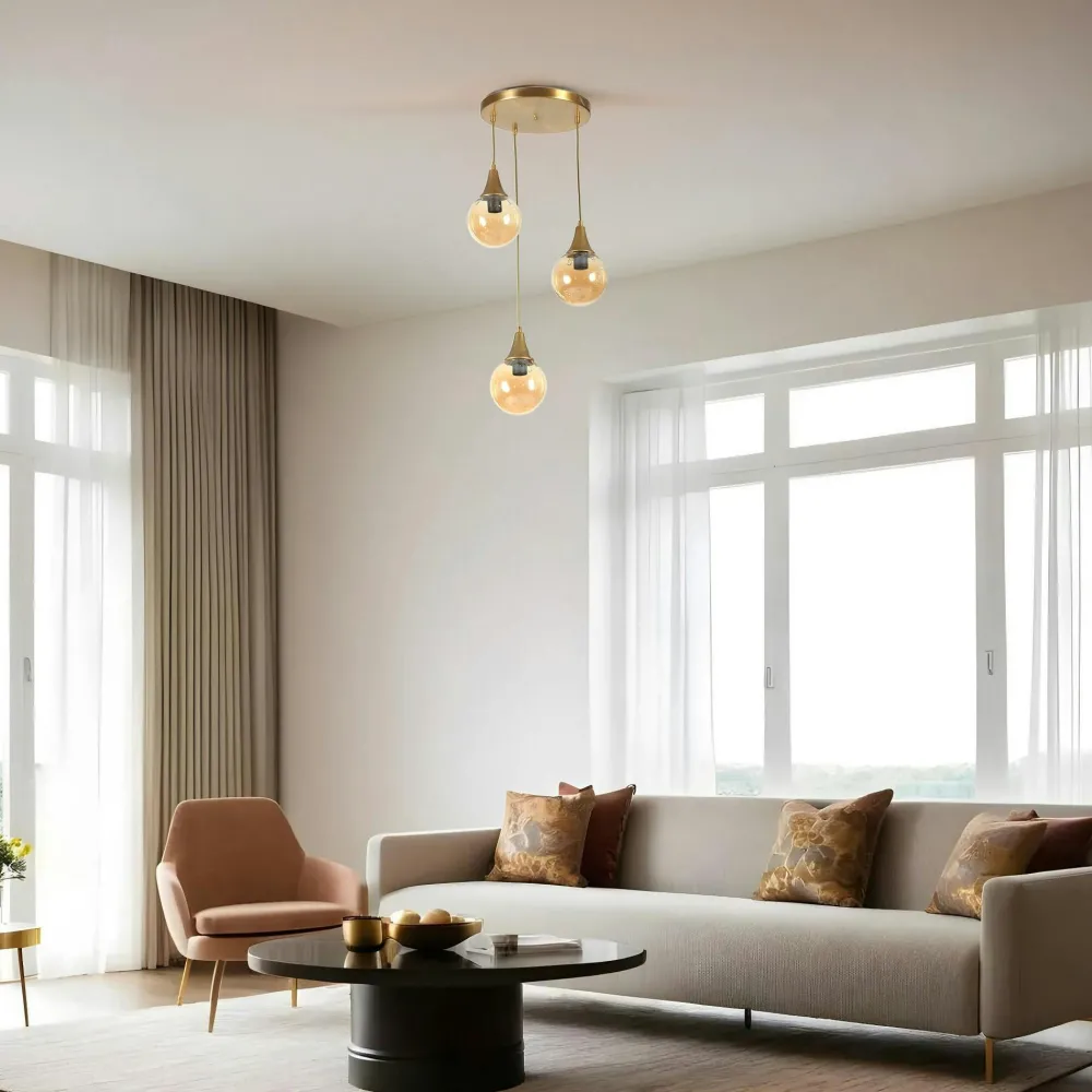 Suspensions / Lustres|SIERRE Suspension moderne dorée 3 globes verre ambré
