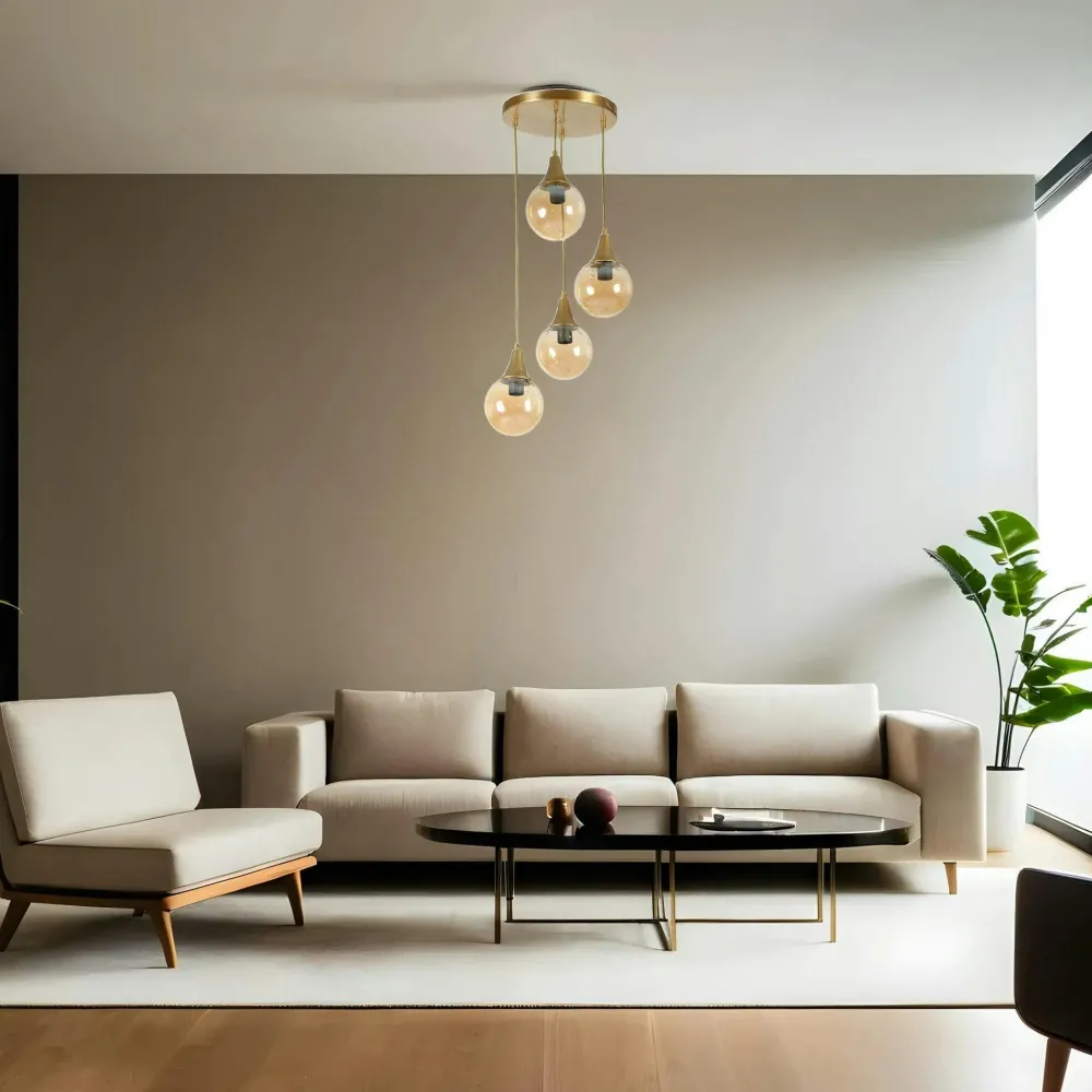 Suspensions / Lustres|SIERRE Suspension moderne dorée 4 globes verre ambré
