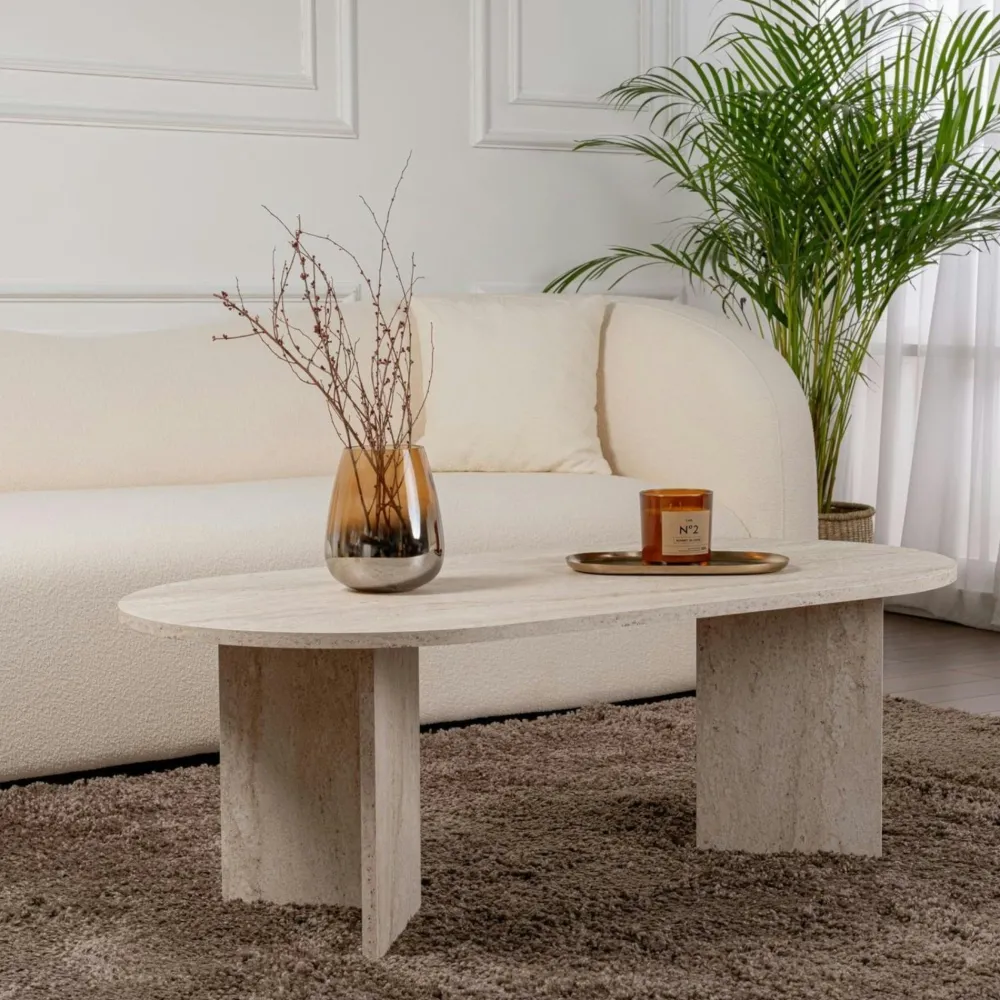 Tables À Manger En Bois|MARFA Table à manger moderne effet travertin pieds en V 180 cm