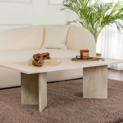 Tables À Manger En Bois|MARFA Table à manger ovale effet travertin pieds en V 200 cm