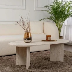 Tables À Manger En Bois|MARFA Table à manger ovale effet travertin pieds en V 200 cm