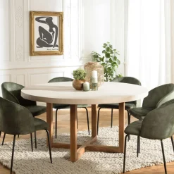 Tables À Manger Rondes|Tables À Manger En Bois|DIKA Table à manger ronde béton beige pieds bois croisés