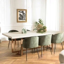 Tables À Manger Rondes|Tables À Manger En Bois|DIKA Table à manger ronde béton beige pieds bois croisés