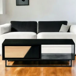 Tables Basses Design|Tables Basses À Tiroirs|ANINA Table basse 1 tiroir 1 niche bois noir et blanc