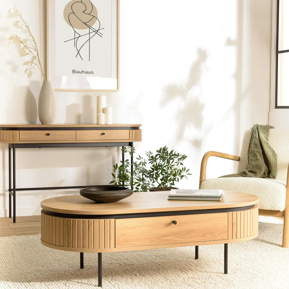 Tables Basses À Tiroirs|JINAN Table basse 2 tiroirs bords arrondis bois décor strié