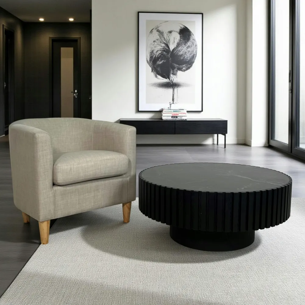 Tables Basses Rondes|LOMBARDIE Table basse blanche - plateau céramique, bords crantés