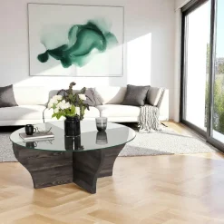 Tables Basses En Verre|Tables Basses Rondes|ANZIO Table basse blanche en verre et bois - pied en X,