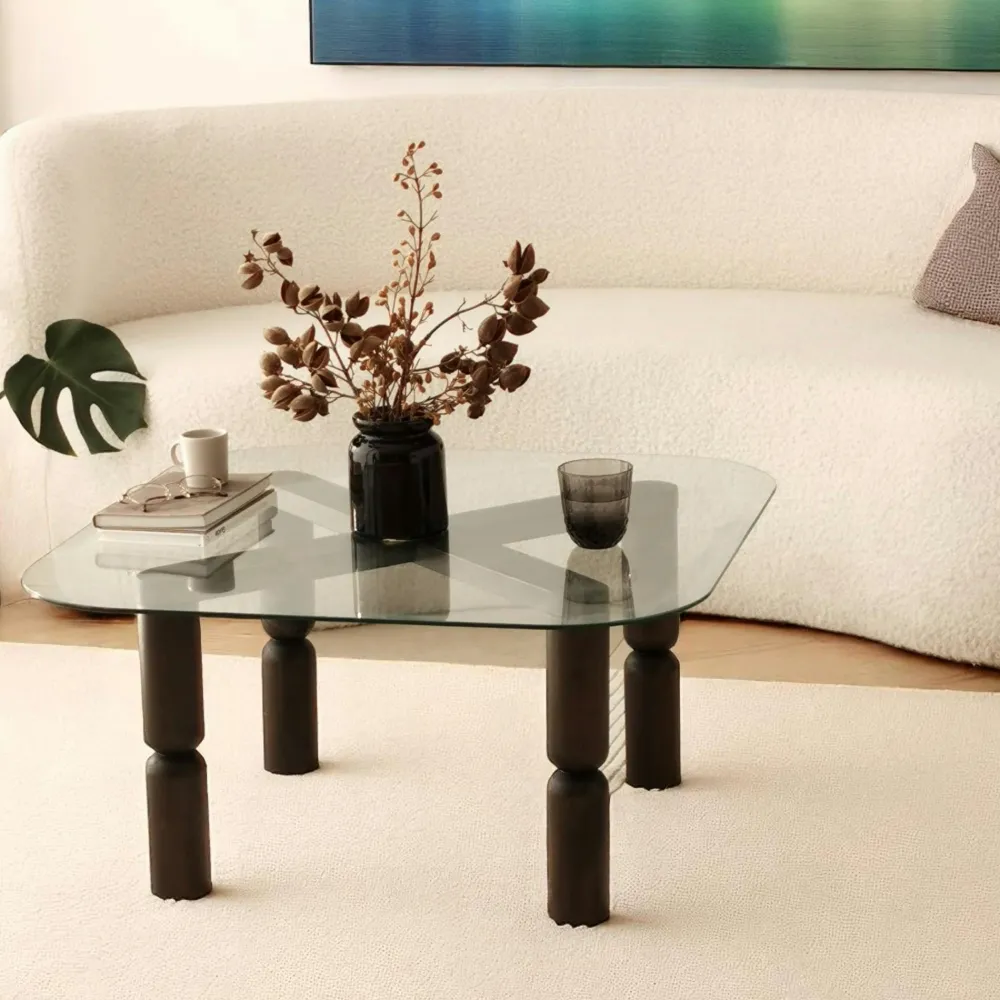 Tables Basses En Verre|Tables Basses Carrées|BOMA Table basse carrée en verre - pieds bois marron sculpté