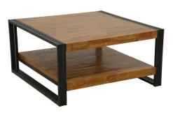 Tables Basses Carrées|Tables Basses Industrielles|Docker Table basse carrée hévéa recyclé naturel et métal noirci 2 plateaux 90X90X45cm