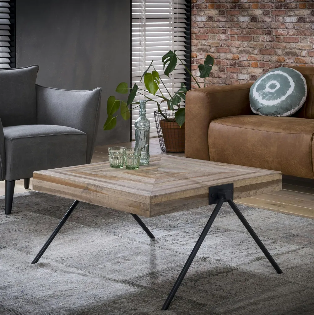 Tables Basses Carrées|Tables Basses Industrielles|Java Table basse carrée teck recyclé acier 70 cm