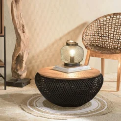 Tables Basses Rondes|Swing Table basse coffre ronde rotin noir et teck recyclé 66 cm
