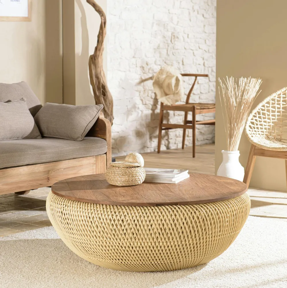 Tables Basses Rondes|Swing Table basse coffre ronde rotin beige et teck recyclé 66 cm