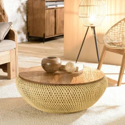 Tables Basses Rondes|Swing Table basse coffre ronde rotin beige et teck recyclé 66 cm